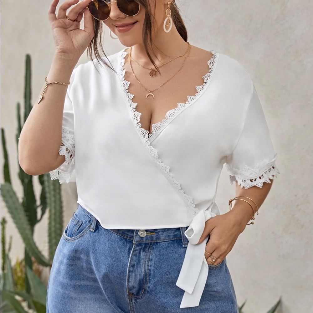 Lace Trim Tie Side Wrap Blouse- fits like L/XL